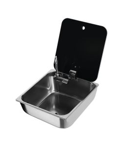 Diskho i rostfritt stål med glaslock, 350x320x150mm